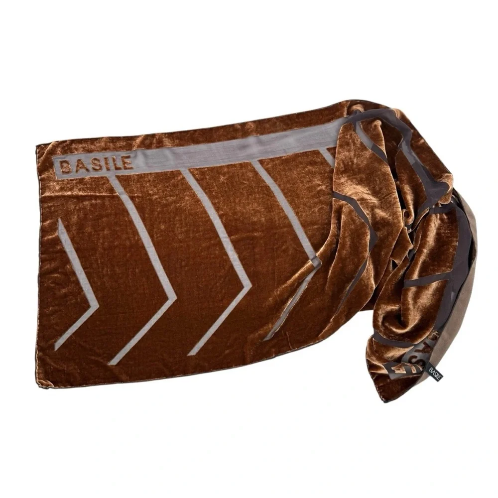 BASILE Scarf Silk Blend Velvet Burnout Brown Chevron Logo Wrap 17 x 60